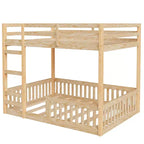 Full over Full Wooden Bunk Bed with Ladder and Guardrails, Low Floor Full Size Bunk Beds with Slats Support