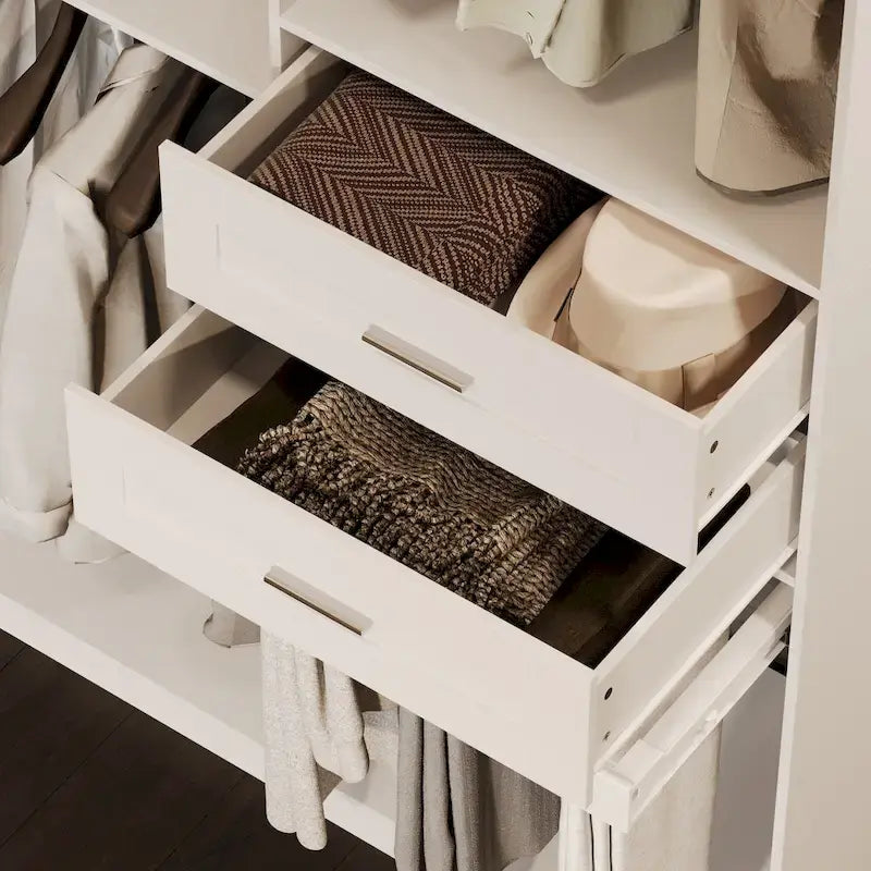 Armoire d’angle avec 2 tringles à vêtements, porte-pantalons et rangement à chaussures