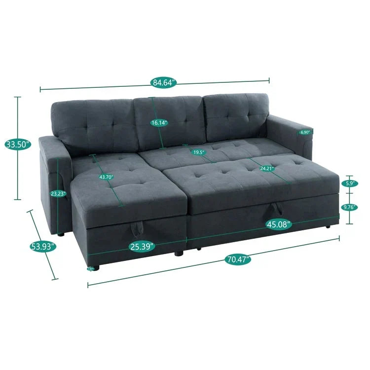 Canapé d’angle convertible et réversible avec lit escamotable, méridienne avec rangement dissimulé et pieds robustes