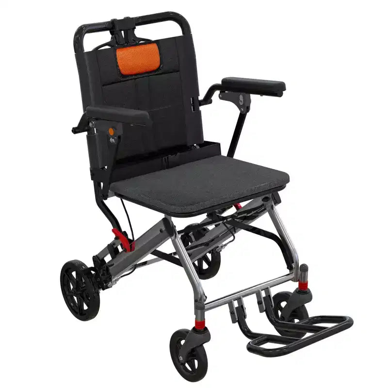 Ultraleichter Transportrollstuhl für Senioren, tragbarer, leichter, klappbarer Transportstuhl mit feststellbarer Handbremse und abnehmbaren, hochklappbaren Armlehnen
