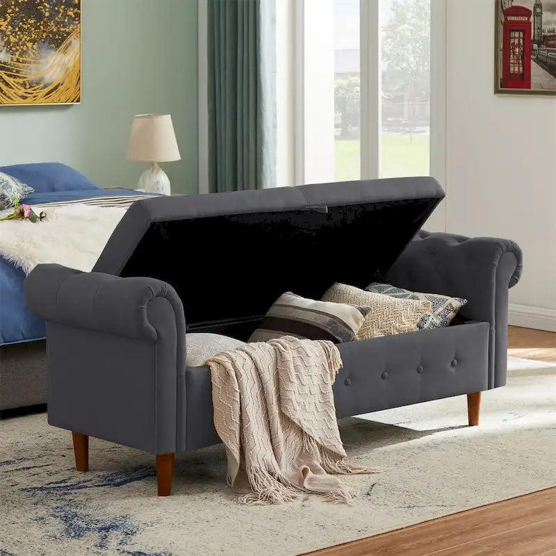 Aufbewahrungsbank fürs Schlafzimmer am Fußende des Bettes, Samt-Ottomane mit gerollten Armlehnen, langes Sofa