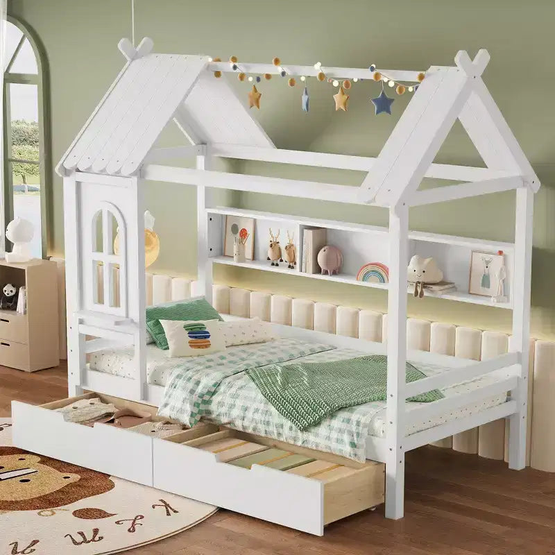Huisbed met opberglades en raam, frame van massief hout met planken, speels kinderontwerp, lichtwit