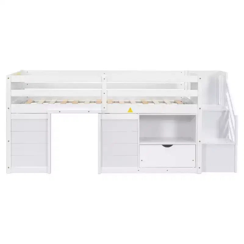 94.6L x 42.3W laag halfhoogslaper van massief hout voor een eenpersoonsbed, met trap, lade en plank, modern en strak ontwerp