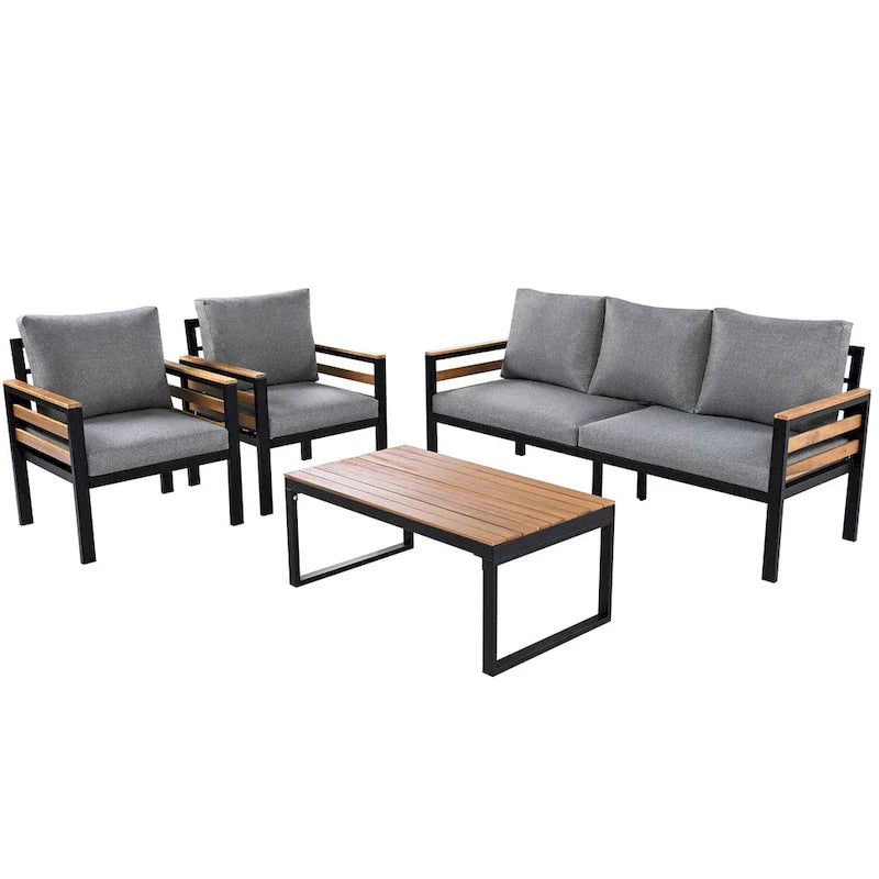 4-delige loungeset voor buiten voor 5 personen met salontafel van massief hout en afneembare kussens