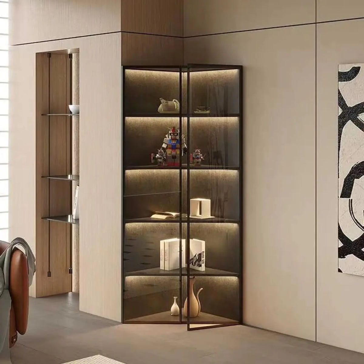 Vitrine d'angle moderne en métal et bois gris avec porte vitrée