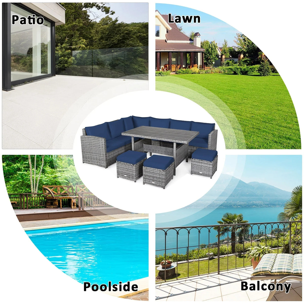 Costway 7-delige diningset van rotan voor het terras, modulaire bank, sofa en voetenbank - bekijk de details