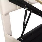 Bellemave eenpersoons opbergbed met liftmechanisme, gestoffeerd platformbed met hydraulisch opbergsysteem, hoofdbord met verticale strepen, beige