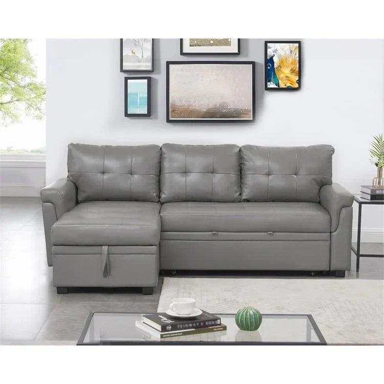 Canapé d’angle convertible et réversible avec lit escamotable, méridienne avec rangement dissimulé et pieds robustes