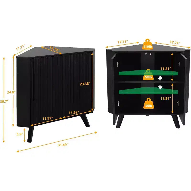 Hoekopbergkast met verstelbare plank, industriële houten hoektafel met 3 niveaus en deuren, driehoekige bijzettafel voor woonkamer en keuken