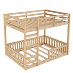 Full over Full Wooden Bunk Bed with Ladder and Guardrails, Low Floor Full Size Bunk Beds with Slats Support