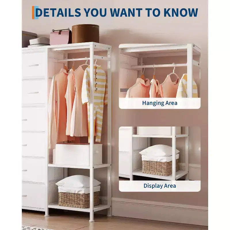 Kommode mit 16 Schubladen, Kleiderstange und Regalen, Stoff-Aufbewahrungsorganizer für Schlafzimmer, Kleiderschrank oder Eingangsbereich