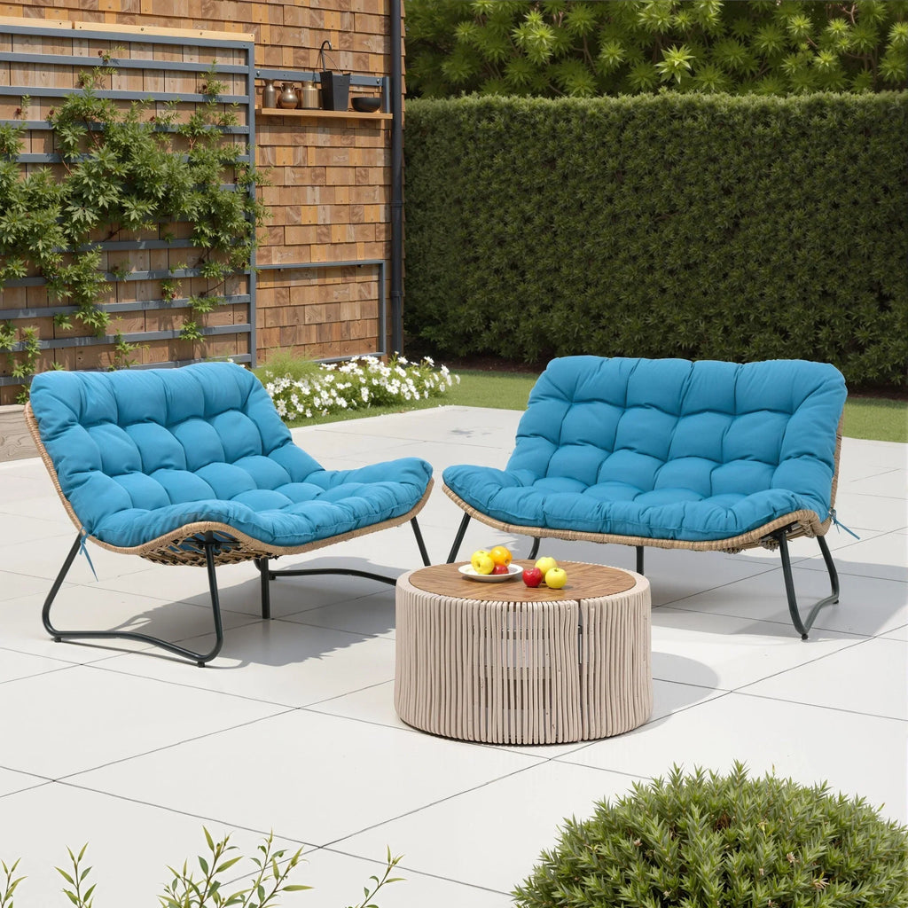 Dubbele papasan-loveseat met kussen, weerbestendig PE-rotan en metalen frame voor binnen en buiten