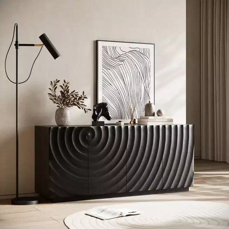 59 moderner Spiralen-Sideboardschrank, flacher kunstvoller Aufbewahrungsschrank für den Eingangsbereich mit Türen in 3D-Wellenoptik