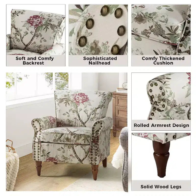 Araceli traditionele houten fauteuil met bloemenstof, hoge rugleuning met vleugels en siernagels| ART OF LIVING DESIGNS