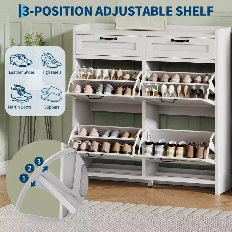 Schoenenkast met 4 klepdeuren en 2 bovenladen, houten schoenenkast met verstelbare plank, vrijstaand schoenenopbergmeubel