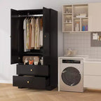 Moderne houten kledingkast van 71 inch voor de slaapkamer, met 2 deuren, 2 laden, verstelbare planken, opbergkast voor kleding en kledingroede
