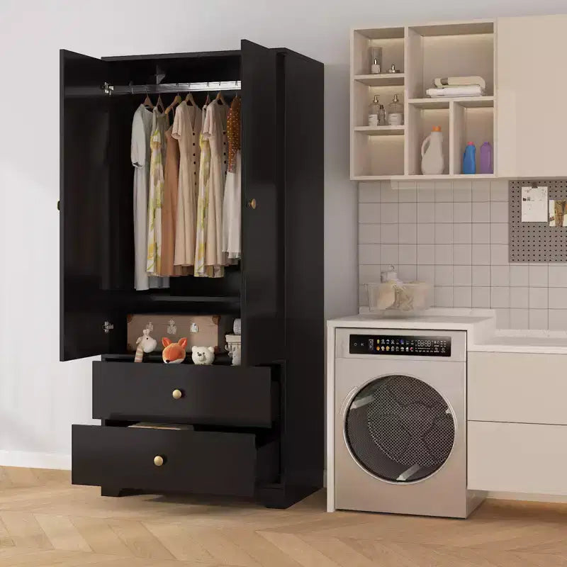 Moderne houten kledingkast van 71 inch voor de slaapkamer, met 2 deuren, 2 laden, verstelbare planken, opbergkast voor kleding en kledingroede