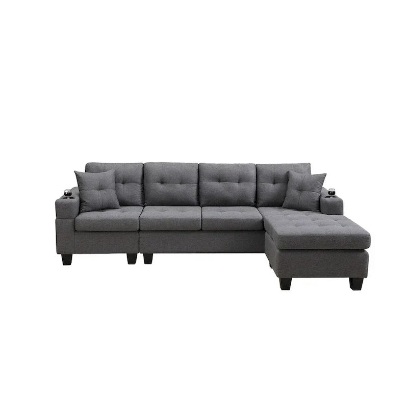 Wohnlandschaft mit L-förmiger Chaiselongue und Getränkehalter