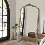 Miroir mural de 37 in. W x 71 in. H avec cadre en bois à arche classique sculptée et partie inférieure en rotin, marron