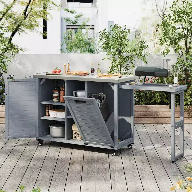 FAMYYT buitenkeukeneiland van 78.3 inch met roestvrijstalen werkblad, inklapbaar BBQ-station en opbergkasten, grijsblauw