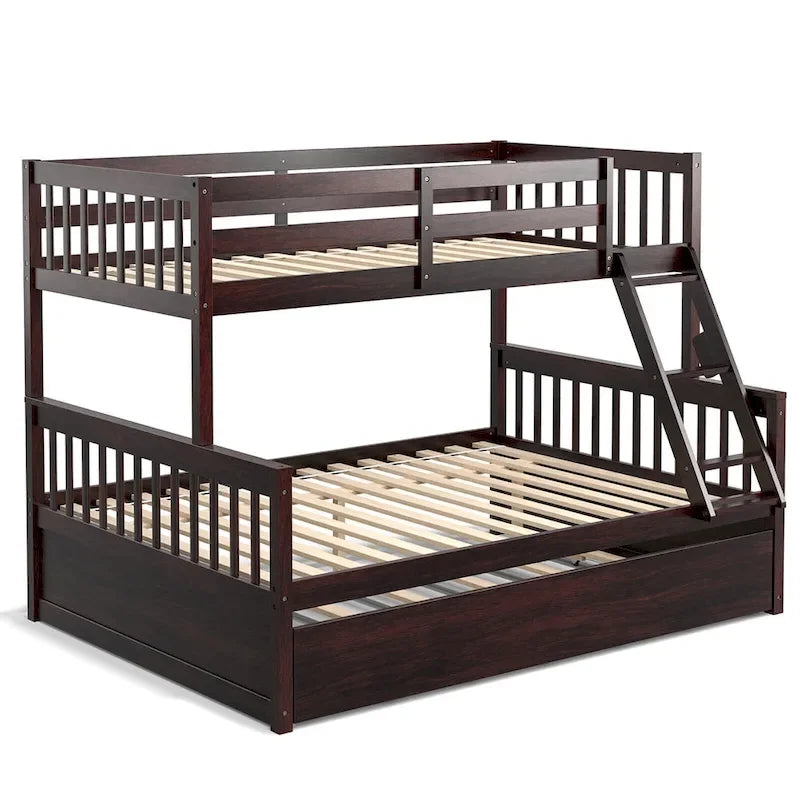 Lit superposé Gymax, couchage haut 1 place et couchage bas 2 places, avec lit gigogne 1 place et plateforme convertible
