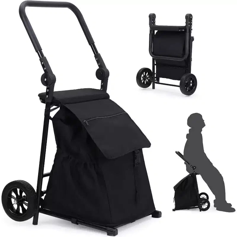 Acekool 2-in-1 klappbarer Transportwagen mit abnehmbarer wasserdichter Tasche, dickem Sitzpolster und verstellbarem rutschfestem Griff, Schwarz