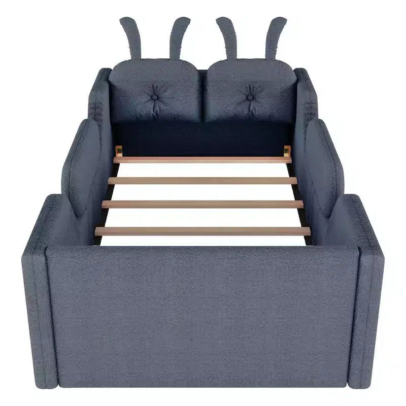 Lit plateforme simple Whisen, cadre de lit rembourré pour enfant au ras du sol avec coussin lapin et barrières latérales amovibles