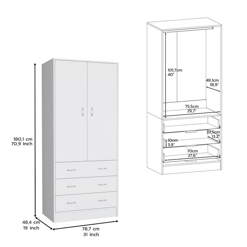 Armoire moderne à deux portes de 19 avec 3 tiroirs et 1 tringle à vêtements pour chambre
