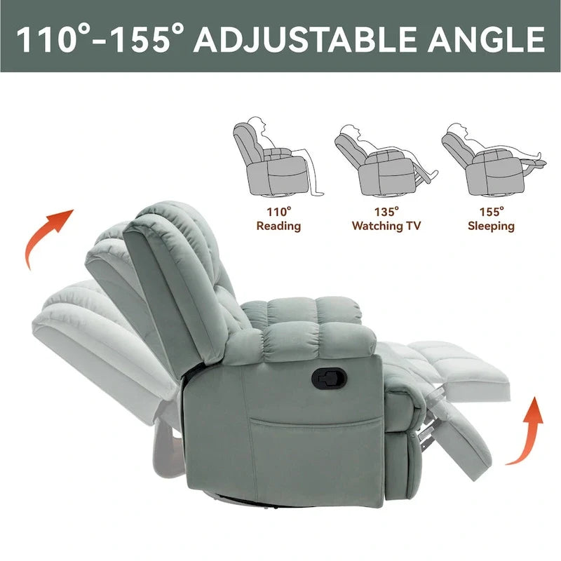 Fauteuil inclinable manuel vert surdimensionné avec fonction pivotante et à bascule, revêtement en tissu