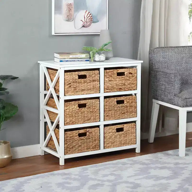 Commode de rangement eHemco à 3 niveaux avec côtés en X et 6 paniers tressés en jacinthe d’eau naturelle