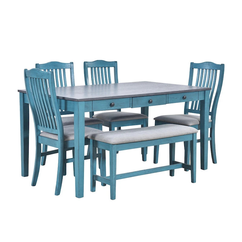 Eetkamerset van hout, 6-delig, met 4 stoelen en een bankje, tafel met lade
