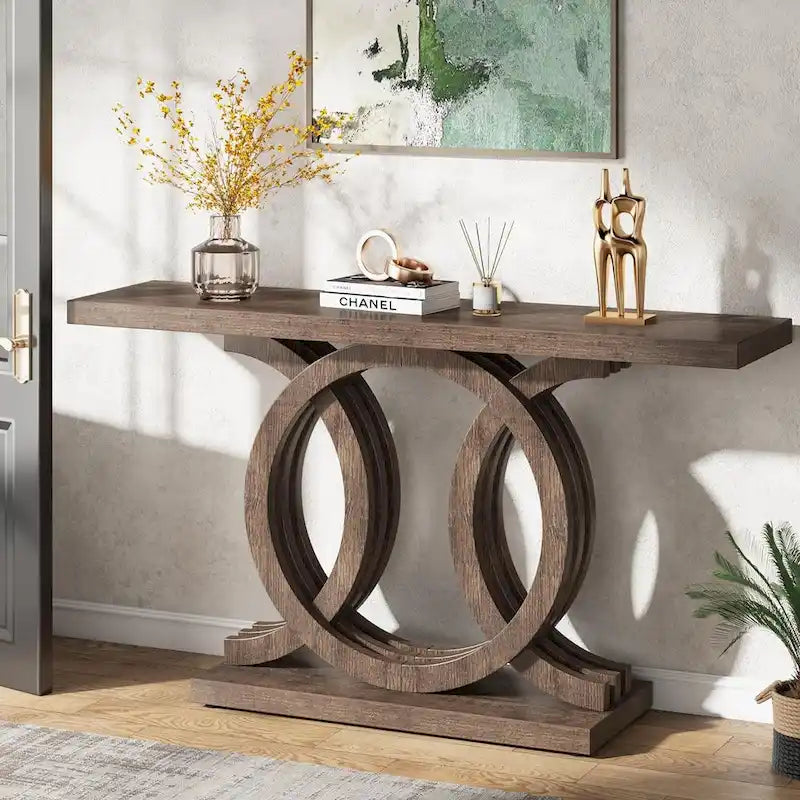 Vintage Console Table with Geometric Base Wooden Hallway Table