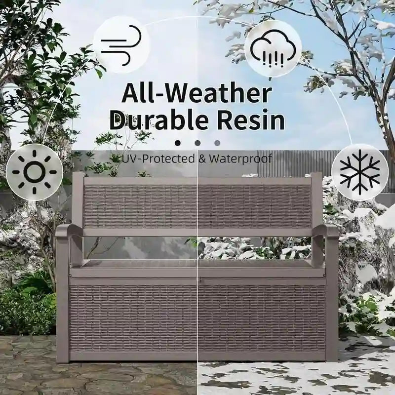 Wetterfeste Aufbewahrungsbank aus Kunstharz mit abschließbarem Geheimfach - Rattan-Optik, Tragkraft 500 lbs, 70-Gallonen-Stauraum