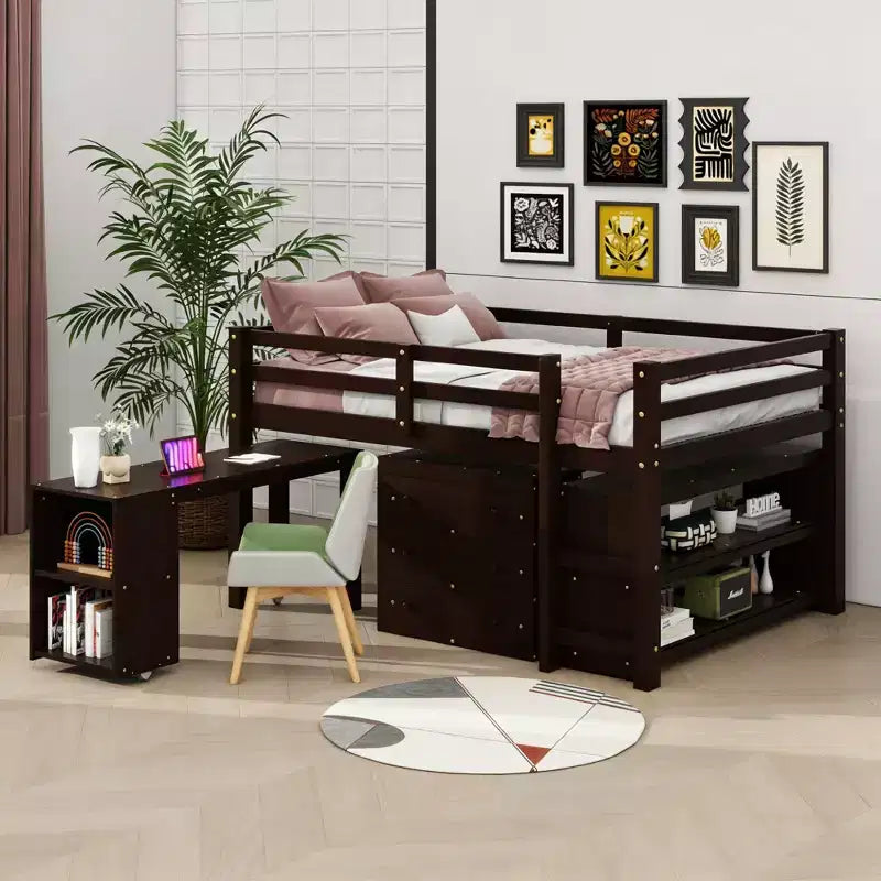 Lit mezzanine bas bas format double avec bureau coulissant, 3 tiroirs et étagères