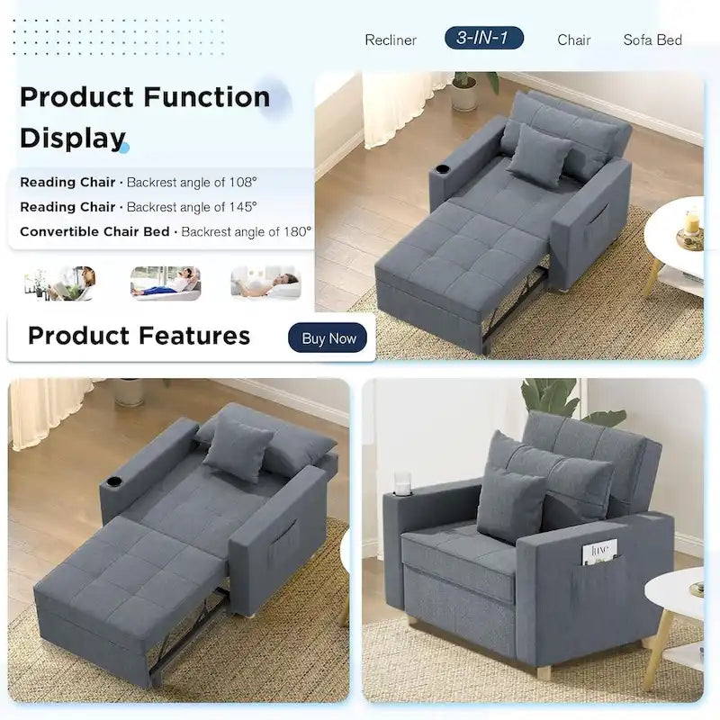 Fauteuil-lit réglable convertible 3-en-1, plusieurs couleurs, pour 1 personne