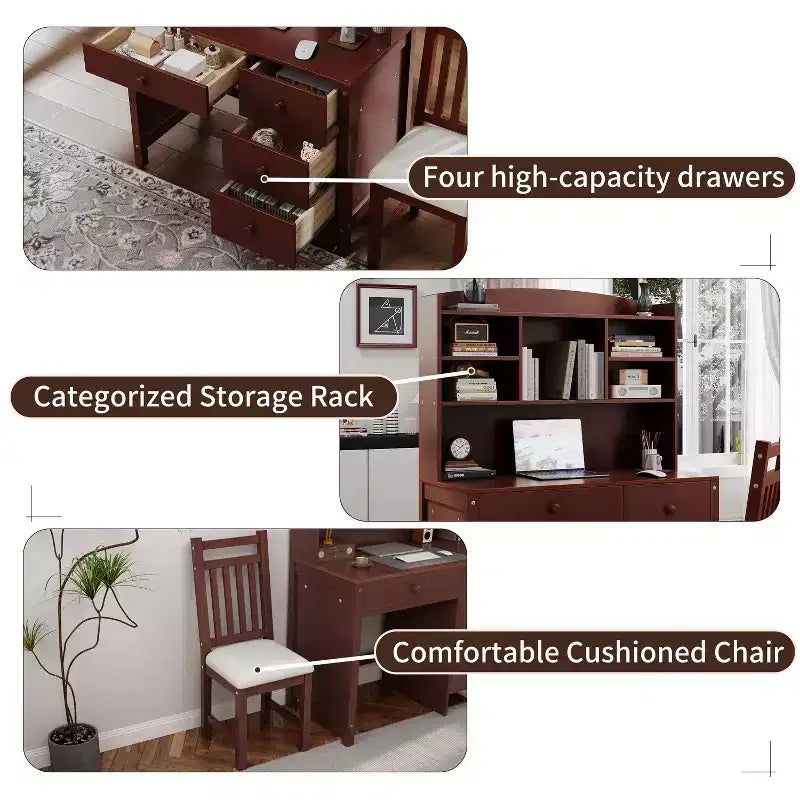 Moderner Schreibtisch aus Holz fürs Homeoffice von Okak mit Tischplatte, Stuhl und Bücherregal, Schreibtisch mit Stauraum für Jugendliche und Studierende zum Lernen und Arbeiten