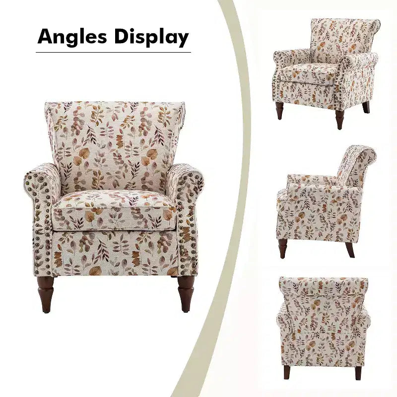 Araceli traditionele houten fauteuil met bloemenstof, hoge rugleuning met vleugels en siernagels| ART OF LIVING DESIGNS
