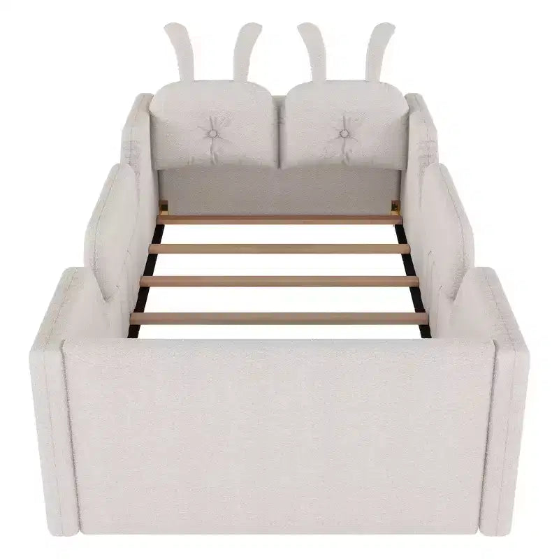 Lit plateforme simple Whisen, cadre de lit rembourré pour enfant au ras du sol avec coussin lapin et barrières latérales amovibles