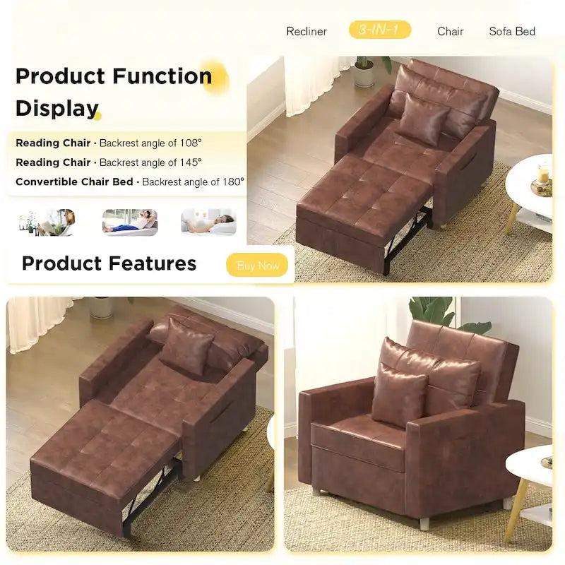 Fauteuil-lit réglable convertible 3-en-1, plusieurs couleurs, pour 1 personne