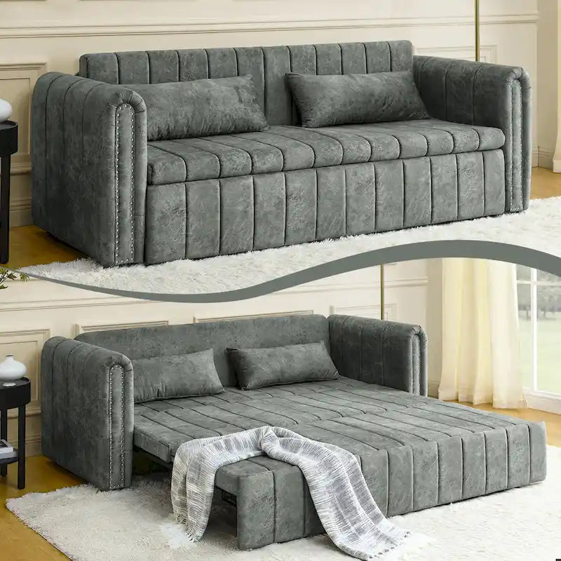 Moderner, wandelbarer Schlafsofa-Loungesessel aus Samt mit gerollten Armlehnen, verziert mit Kupfernägeln