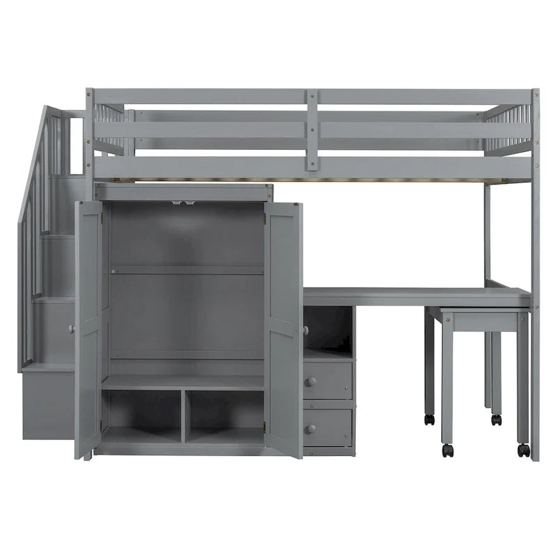 Hochbett in voller Größe mit Treppe, Bücherregal, Schreibtisch und Kleiderschrank - platzsparendes Multifunktionsmöbel für Kinder und Teenager-weiß