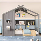 Eenpersoons-/tweepersoonsbed in huisvorm met platformbedframe, peuterbed op de vloer, Montessori-bed voor kinderen, speelhuisbed met opbergplank - ModernLuxe