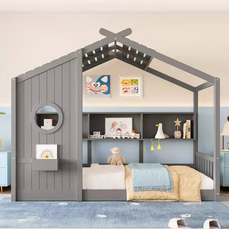 Eenpersoons-/tweepersoonsbed in huisvorm met platformbedframe, peuterbed op de vloer, Montessori-bed voor kinderen, speelhuisbed met opbergplank - ModernLuxe