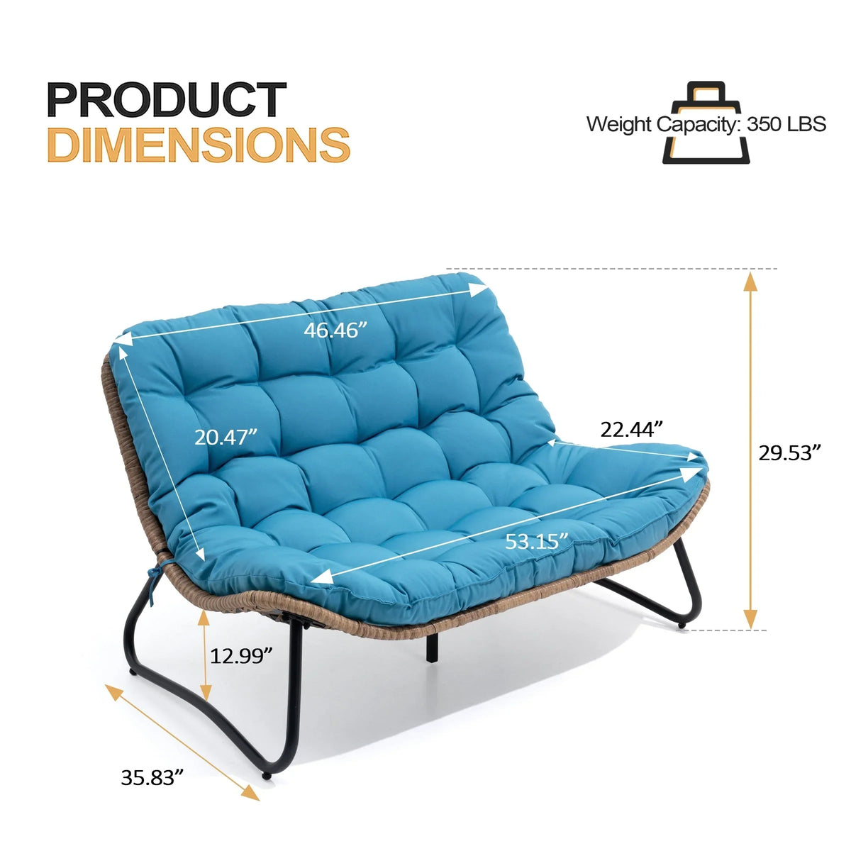 Dubbele papasan-loveseat met kussen, weerbestendig PE-rotan en metalen frame voor binnen en buiten