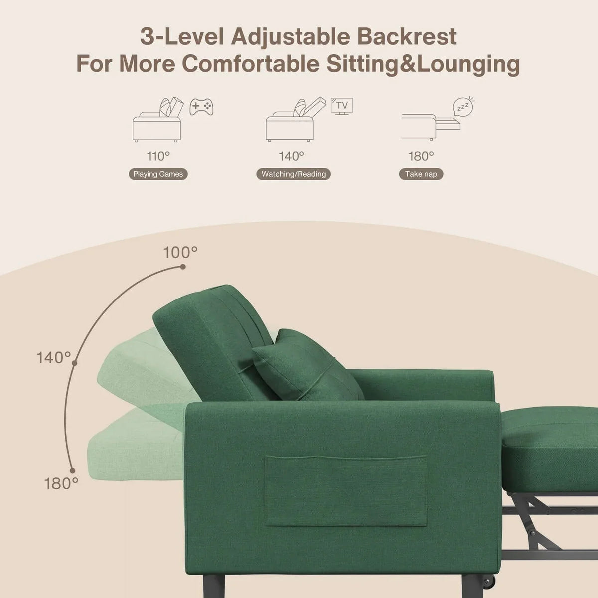 Canapé-lit convertible 3 en 1 avec réglage ajustable, fauteuil-canapé avec lit escamotable, lit pliant convertible pour le salon