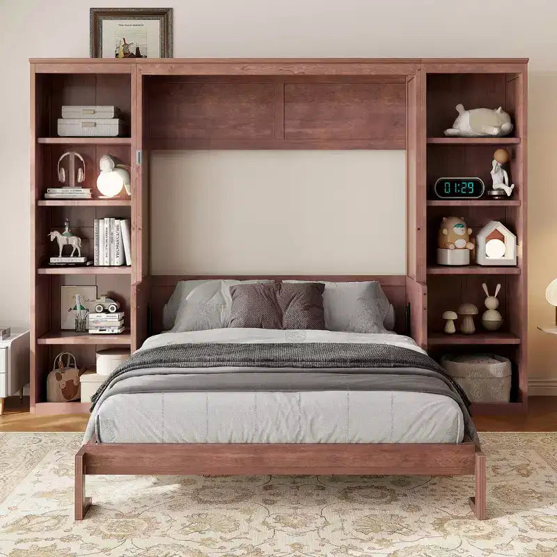 Opklapbed voor een tweepersoonsbed/queensize bed, ruimtebesparend wandbed met bureau en boekenkast, donkerbruin - ModernLuxe