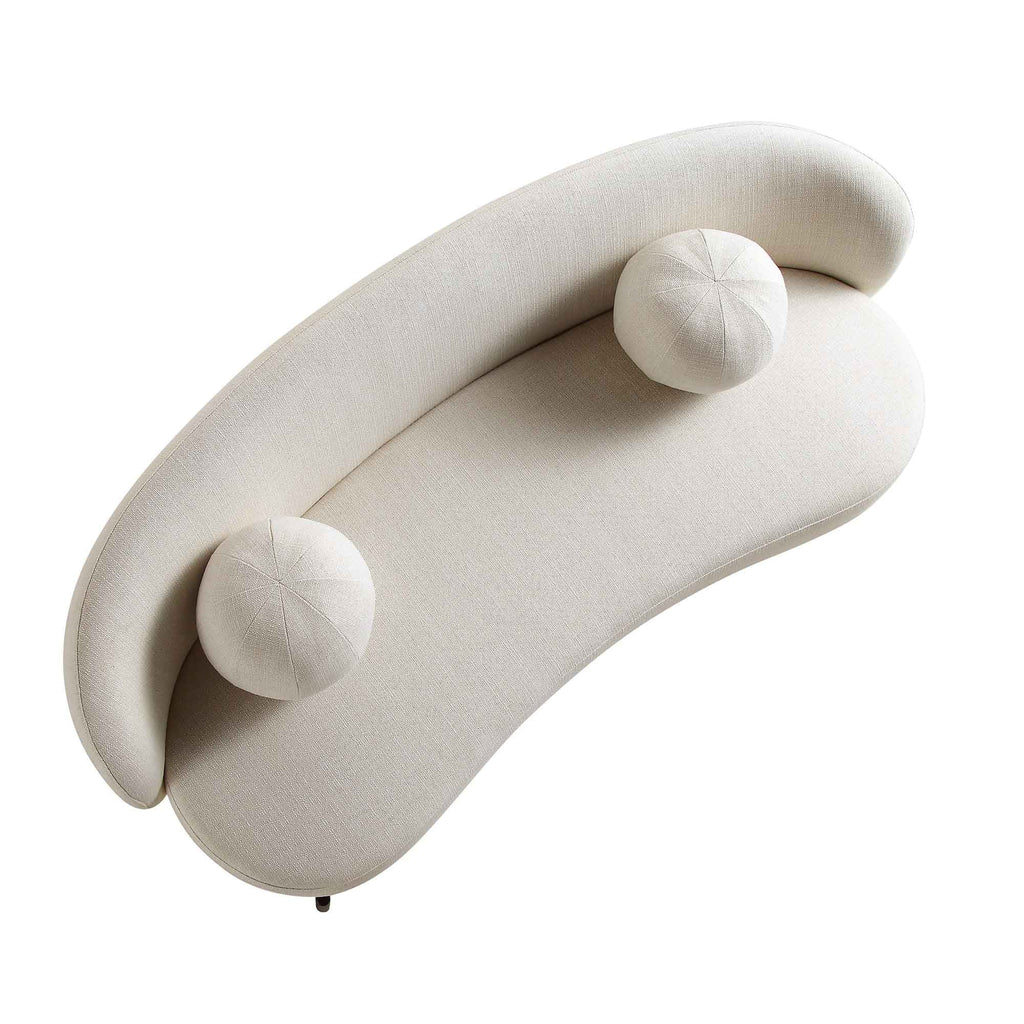 Gebogen driezitsbank met bolvormige kussens, beige linnenmix