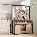 Kookeiland, bakkersrek met schuifdeur in schuurstijl, grote keukentafel van 42' met magnetronstandaard met 3 niveaus, ovenplanken en koffietafel