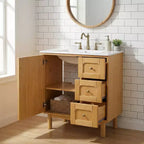 JVNOXK 30-calowa ceramiczna szafka łazienkowa w stylu rustykalnym i nowoczesnym, z 3 szufladami i 1 dużymi drzwiczkami z cichym domykiem, szafka do przechowywania, naturalny rysunek drewna
