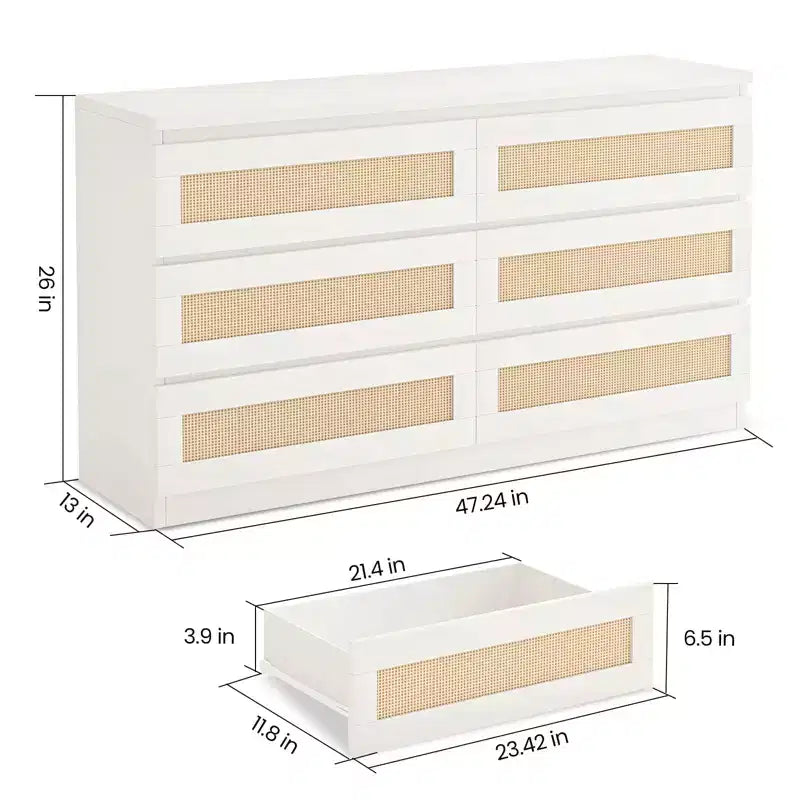 Rattan-Kommode fürs Schlafzimmer mit 6 Schubladen, 47 breite Kommode im modernen Landhausstil, Holz-Aufbewahrungsschrank und Organizer für Kleiderschrank, Wohnzimmer und Flur